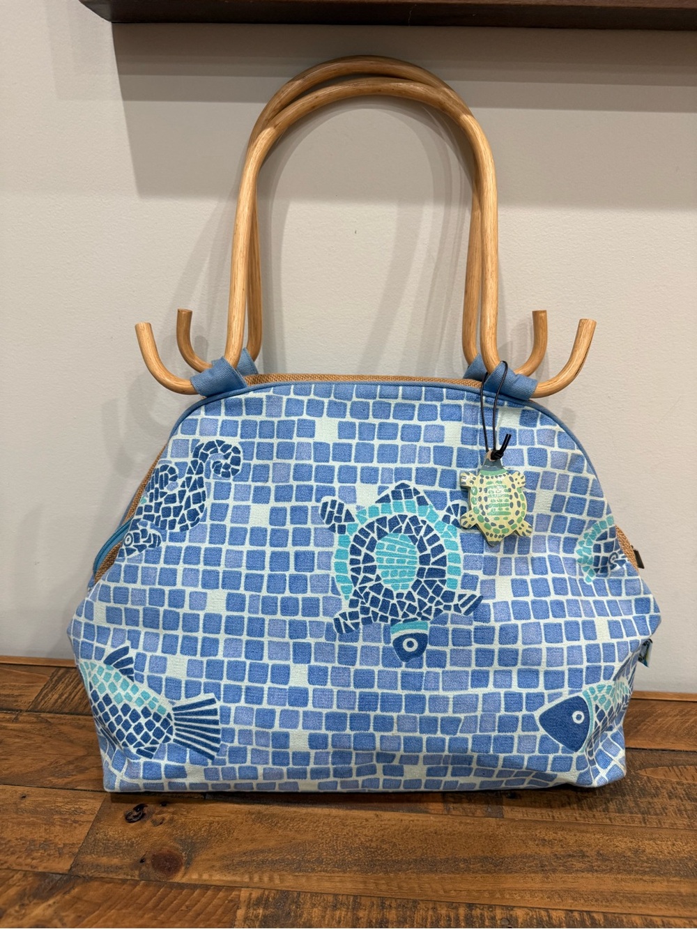 Sea Turtle Mosaic Blue Tote with Wooden Handles